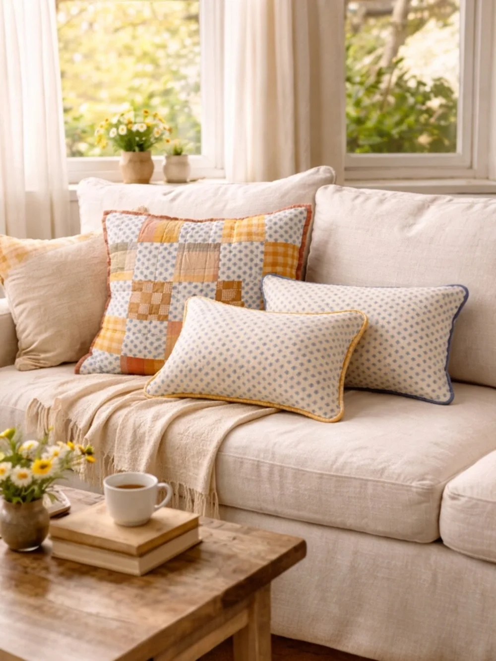 Emmie by Mary Martha Handmade Floral Patchwork Pillow Set Cottagecore Gingham